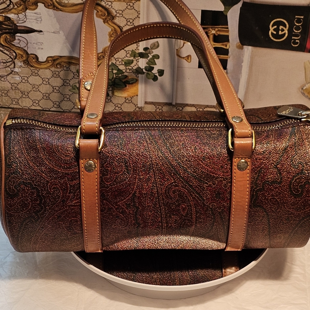 Etro Paisley Brown Embossed Leather Small Barrel Bag - Picture 16 of 16